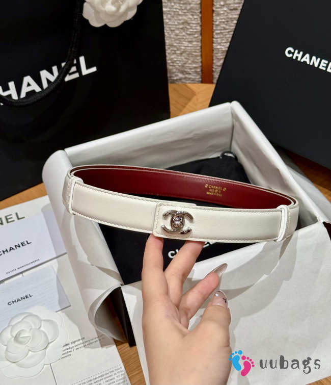Uubags Chanel Leather Belt In Calfskin & Metal White & Silver 2.5cm - 1