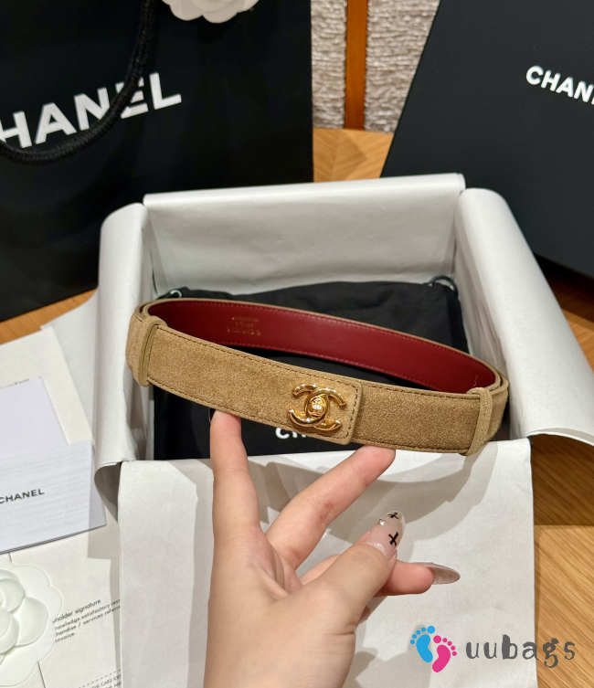Uubags Chanel Leather Belt In Suede & Metal Dark Beige & Gold 2.5cm - 1