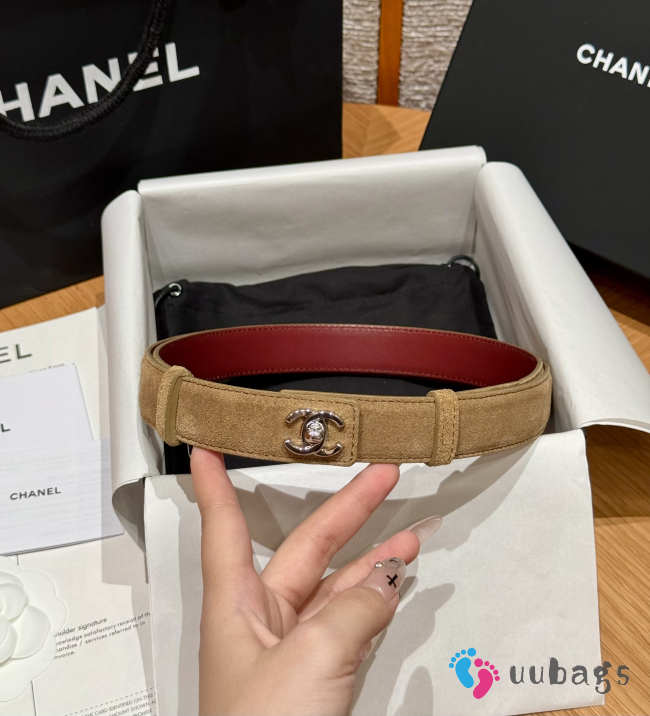 Uubags Chanel Leather Belt In Suede & Metal Dark Beige & Silver 2.5cm - 1