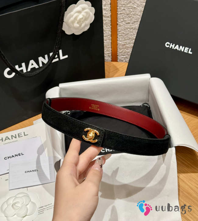 Uubags Chanel Leather Belt In Suede & Metal Black & Gold 2.5cm - 1