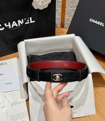 Uubags Chanel Leather Belt In Suede & Metal Black & Silver 2.5cm