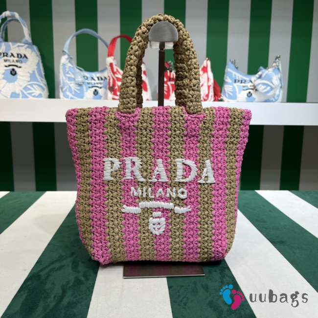 Uubags Prada Small Raffia Striped Tote Bag Tan/Pink 24x8x24cm - 1