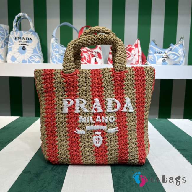 Uubags Prada Small Raffia Striped Tote Bag Tan/Red 24x8x24cm - 1