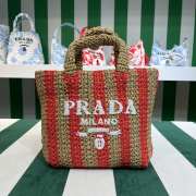 Uubags Prada Small Raffia Striped Tote Bag Tan/Red 24x8x24cm - 1