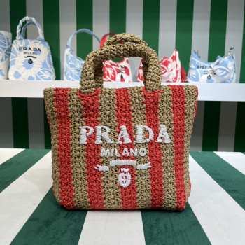 Uubags Prada Small Raffia Striped Tote Bag Tan/Red 24x8x24cm