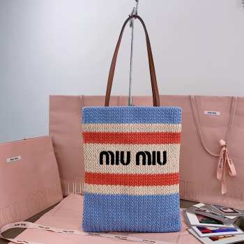 Uubags Miu Miu Raffia-effect woven tote bag lemon blue/ orange 30x38cm