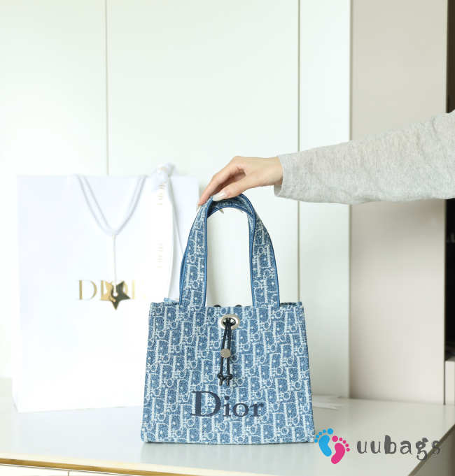 Uubags Dioriviera Small Spongy Book Tote Blue and White Spongy Dior Oblique Fabric 25.5x21.5x17cm - 1