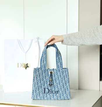 Uubags Dioriviera Small Spongy Book Tote Blue and White Spongy Dior Oblique Fabric 25.5x21.5x17cm