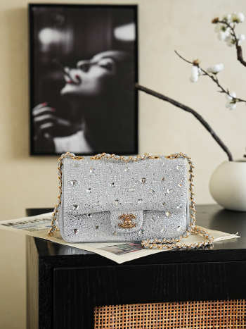 Uubags Chanel Small Party Bag Sparkling Stones & Gold-colored Metal Silver 10x20x7cm