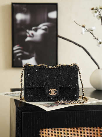 Uubags Chanel Small Party Bag Sparkling Stones & Gold-colored Metal Black 10x20x7cm