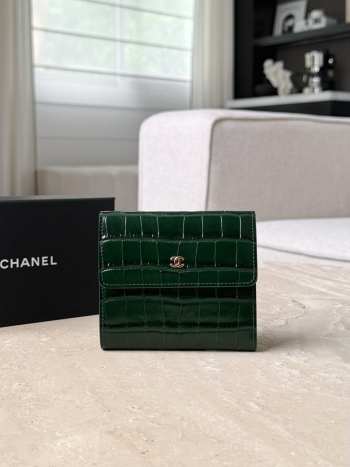 Uubags Chanel Classic Embossed Crocodile Small Trifold Flap Wallet Green 10.5x11.5x3cm