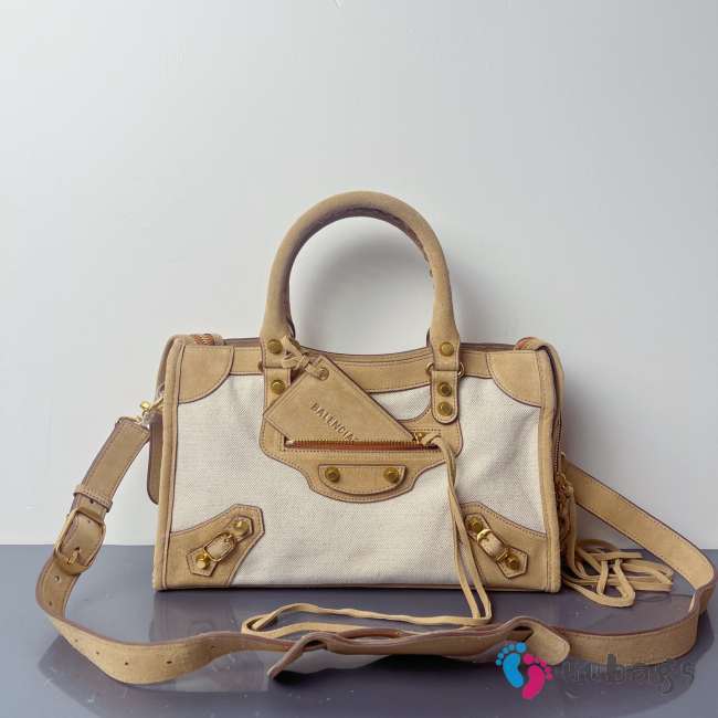 Uubags Balenciaga Le City bag small in linen canvas with camel waxed suede calfskin trims, aged-gold hardware 30x10x20cm - 1