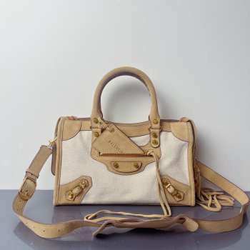 Uubags Balenciaga Le City bag small in linen canvas with camel waxed suede calfskin trims, aged-gold hardware 30x10x20cm