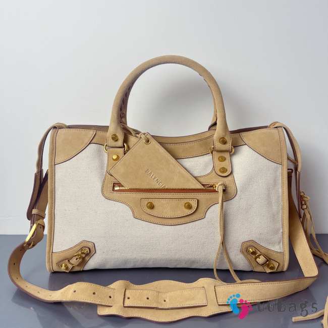 Uubags Balenciaga Le City bag large in linen canvas with camel waxed suede calfskin trims, aged-gold hardware 38x15x24cm - 1