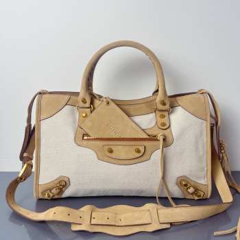 Uubags Balenciaga Le City bag large in linen canvas with camel waxed suede calfskin trims, aged-gold hardware 38x15x24cm