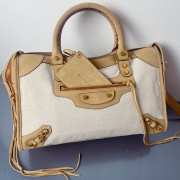 Uubags Balenciaga Le City bag large in linen canvas with camel waxed suede calfskin trims, aged-gold hardware 38x15x24cm - 2