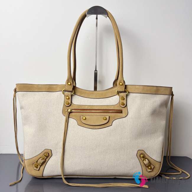 Uubags Balenciaga Le City Beach tote bag medium in natural beige linen canvas with camel waxed suede calfskin trims, aged-gold hardware 41x28.5x13cm - 1