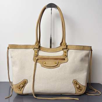 Uubags Balenciaga Le City Beach tote bag medium in natural beige linen canvas with camel waxed suede calfskin trims, aged-gold hardware 41x28.5x13cm