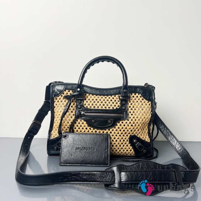 Uubags Balenciaga Le City bag small in natural beige/black raffia effect fabric and black Arena lambskin, brass hardware 30x20x10cm - 1