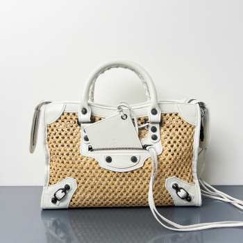 Uubags Balenciaga Le City bag small in natural beige/optic White raffia effect fabric and black Arena lambskin, brass hardware 30x20x10cm