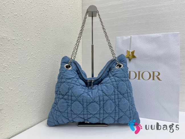 Uubags Medium Dior Milly-La-Forêt Bag Blue Puffy Macrocannage Denim 39x31x5cm - 1