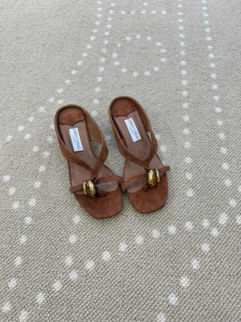 Uubags Jimmy Choo Emeri Stone 35 Dark Amber Suede Sandals 3.5cm