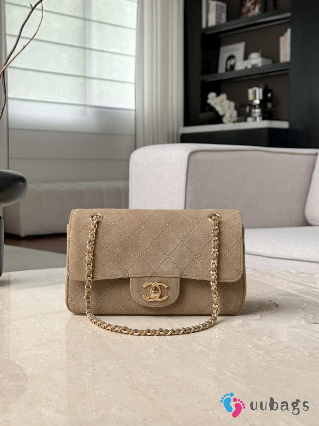 Uubags Chanel mini flap bag in suede calfskin & gold-colored metal dark beige 13x20x6cm - 1