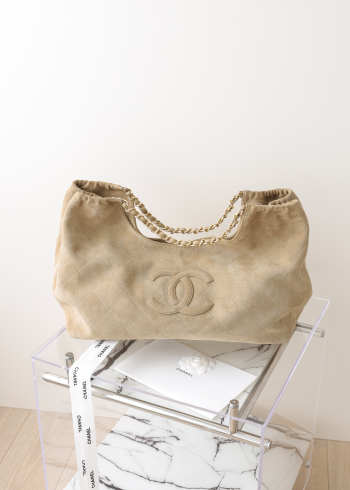 Uubags Chanel Tote Bag In Suede Calfskin & Gold Metal Light Beige 24.5x44.5x18cm