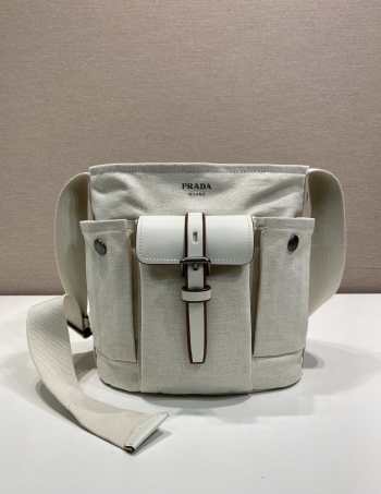 Uubags Prada Route mini canvas and leather bucket bag in natural 23x24.5x15cm