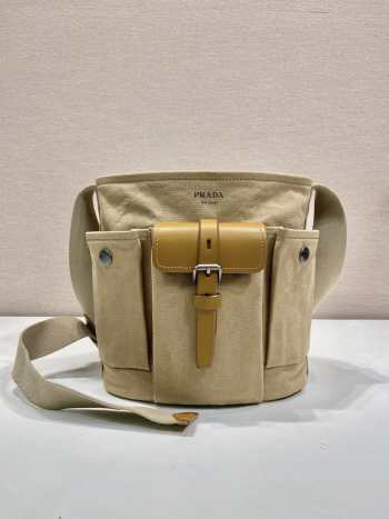 Uubags Prada Route mini canvas and leather bucket bag in beige 23x24.5x15cm