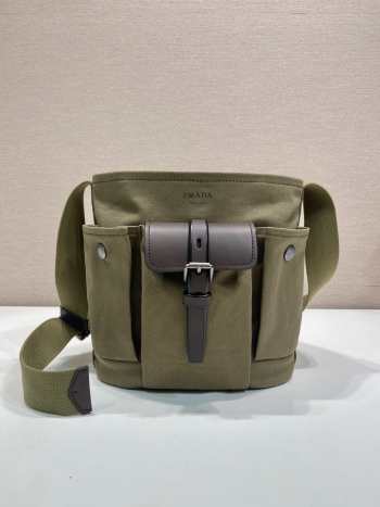 Uubags Prada Route mini canvas and leather bucket bag in khaki green 23x24.5x15cm