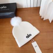 Uubags Alo White Ribbed Knit Beanie with Faux Fur Pom-Pom - 1