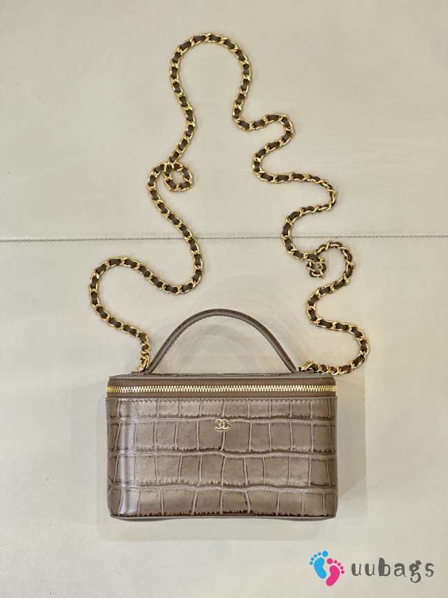 Uubags Chanel 2026 crocodile embossed vanity case in dark khaki with chain 17cm - 1