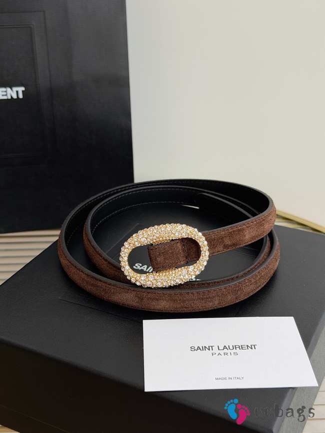 Uubags YSL oval crystal buckle thin belt with gold buckle in dark brown suede leather 1.5cm - 1
