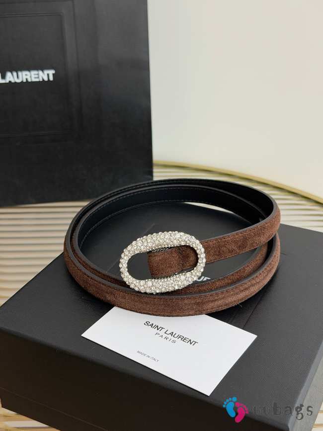 Uubags YSL oval crystal buckle thin belt with light gold buckle in dark brown suede leather 1.5cm - 1
