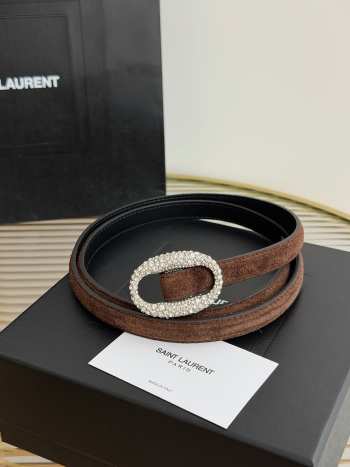 Uubags YSL oval crystal buckle thin belt with light gold buckle in dark brown suede leather 1.5cm