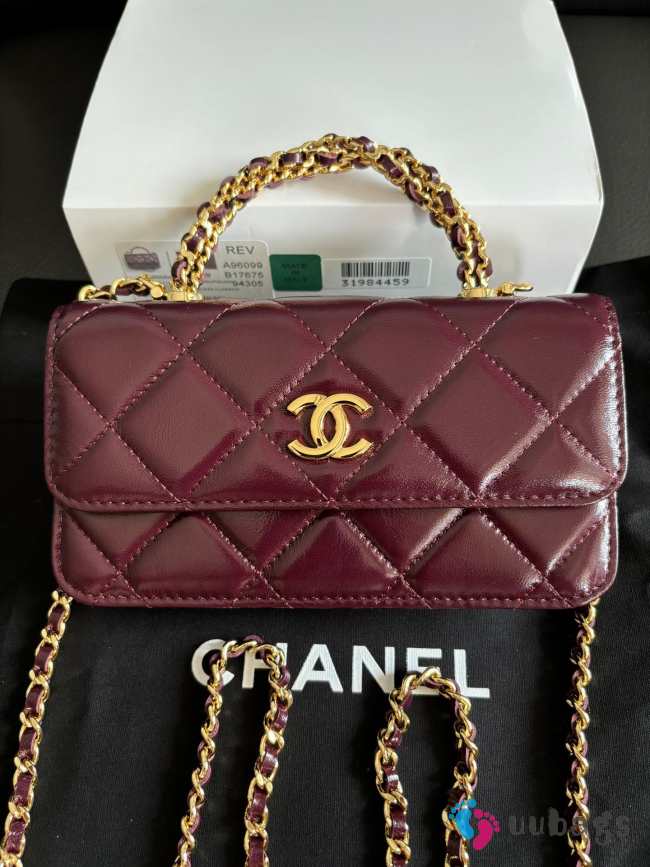 Uubags Chanel Burgundy Quilted Lambskin Top Handle Mini Clutch on Chain Gold Hardware 17cm - 1