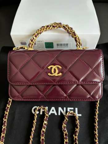 Uubags Chanel Burgundy Quilted Lambskin Top Handle Mini Clutch on Chain Gold Hardware 17cm