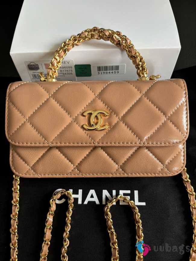 Uubags Chanel Brown Quilted Lambskin Top Handle Mini Clutch on Chain Gold Hardware 17cm - 1