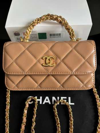 Uubags Chanel Brown Quilted Lambskin Top Handle Mini Clutch on Chain Gold Hardware 17cm