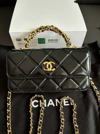 Uubags Chanel Black Quilted Lambskin Top Handle Mini Clutch on Chain Gold Hardware 17cm