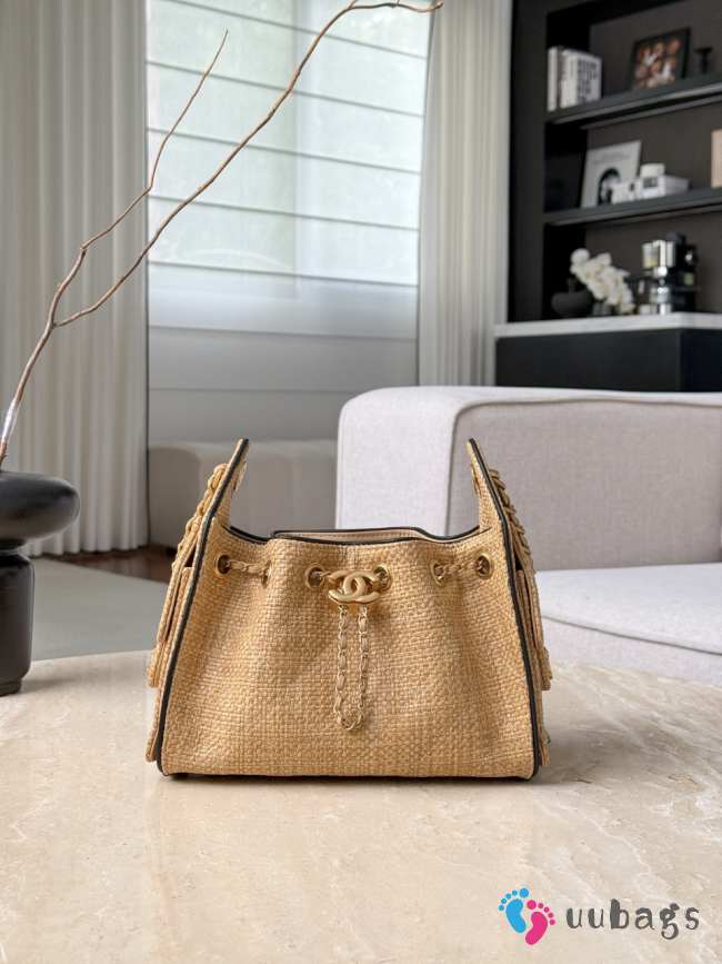Uubags Chanel Small 25 Hobo Bag Beige Raffia and Black Calfskin with Gold Hardware 20x22x12.5cm - 1