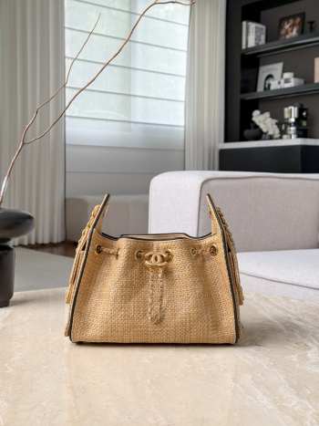 Uubags Chanel Small 25 Hobo Bag Beige Raffia and Black Calfskin with Gold Hardware 20x22x12.5cm
