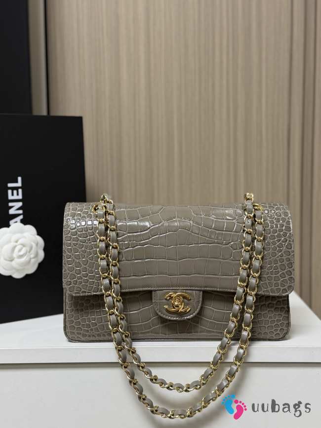 Uubags Chanel Flap Bag Crocodile Embossed Calfskin & Gold-Tone Metal In Grey 25cm - 1