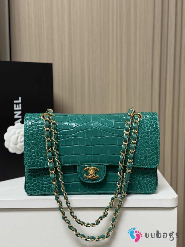 Uubags Chanel Shiny Emerald Green Alligator Medium Flap Bag 25.5x6.5x15.5cm - 1