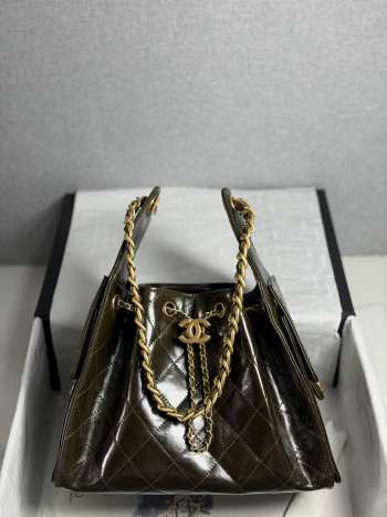 Uubags Chanel 25 Small Handbag Shiny Crumbled Calfskin & Gold Tone Metal Khaki Green 26x14x30cm