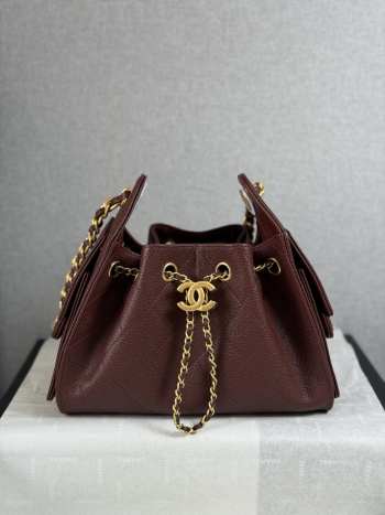 Uubags Chanel 25 mini handbag calfskin with grain effect & gold metallic in burgundy 20x22x12.5cm