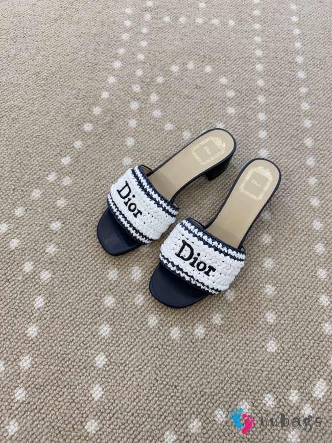 Uubags Dioriviera Dior Woven Heeled Slide White/Black Crocheted Raffia-Effect Technical Fabric 4.5cm - 1