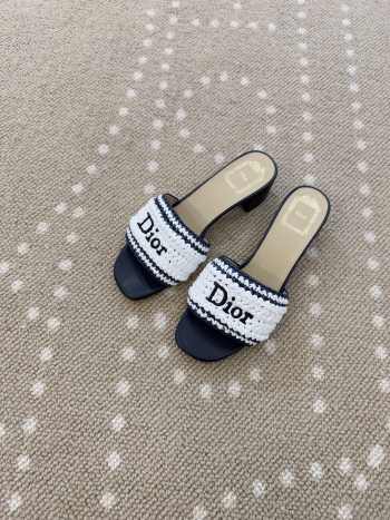 Uubags Dioriviera Dior Woven Heeled Slide White/Black Crocheted Raffia-Effect Technical Fabric 4.5cm