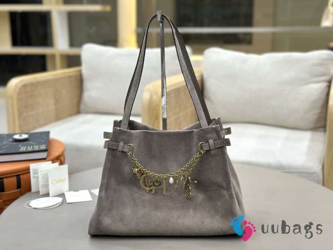 Uubags Large Chloé Embellished Suede Shoulder Bag In Gray 34x25x17cm - 1